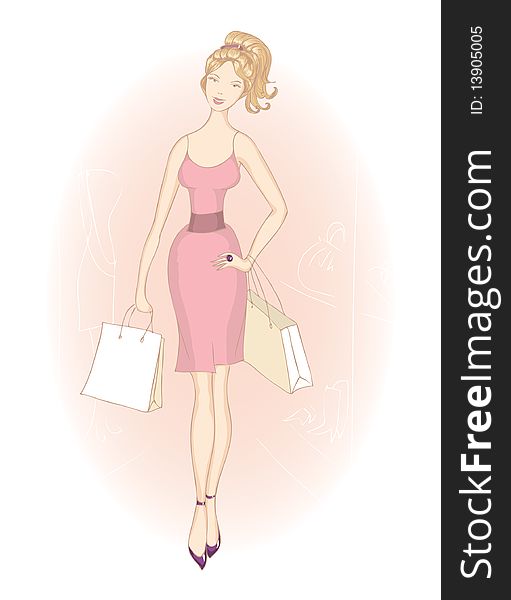 Shopping girl with shopping bags in rose dress