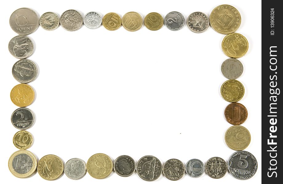 Frame made from coins of different countries. Frame made from coins of different countries
