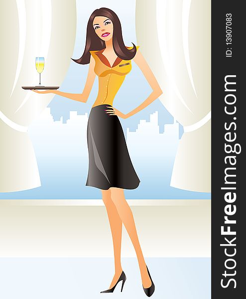 Beautiful Waitress In Apron Holding Coctail