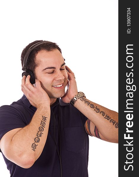 Hispanic man listening to music. Hispanic man listening to music