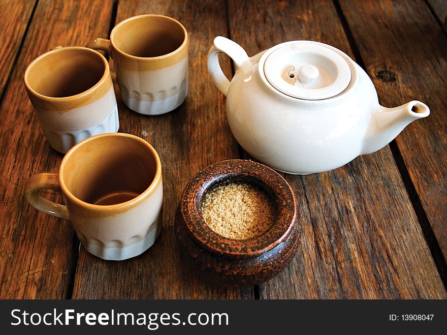 Tea Kettle and Coffee Mugs with Sugar