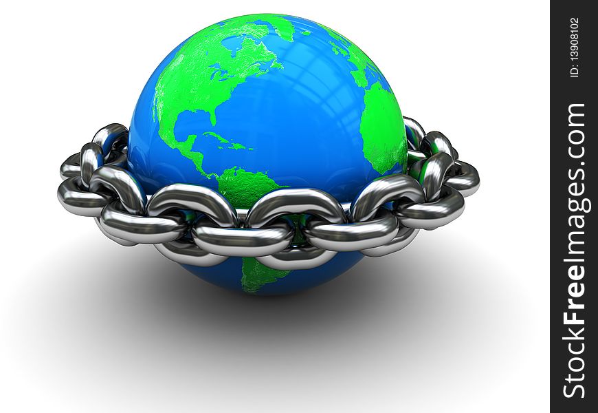 Abstract 3d illustration of earth globe closed by chain ring. Abstract 3d illustration of earth globe closed by chain ring