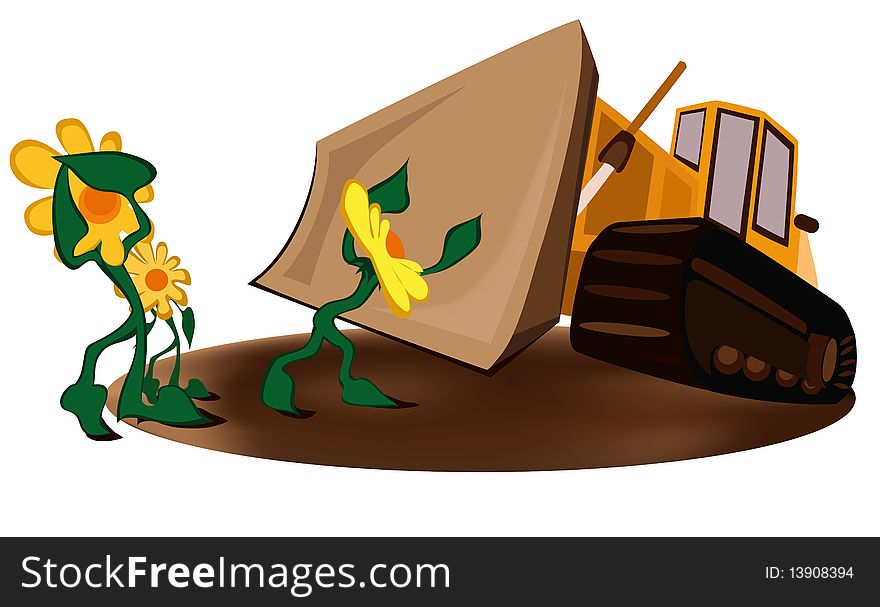 Flower family trying to stop a bulldozer. Flower family trying to stop a bulldozer