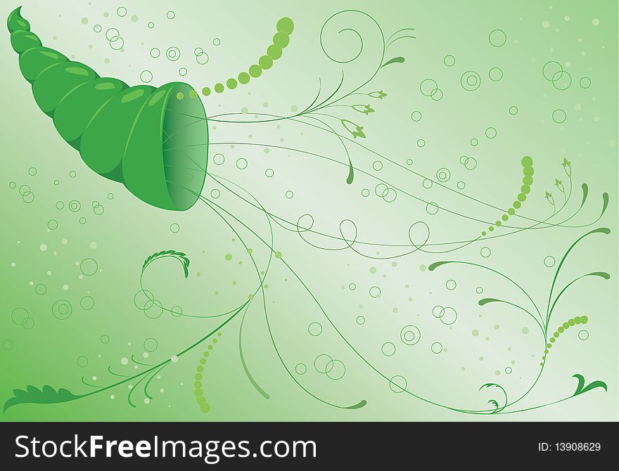 Horn of plenty with abstract plants and flowers on a green background. Horn of plenty with abstract plants and flowers on a green background