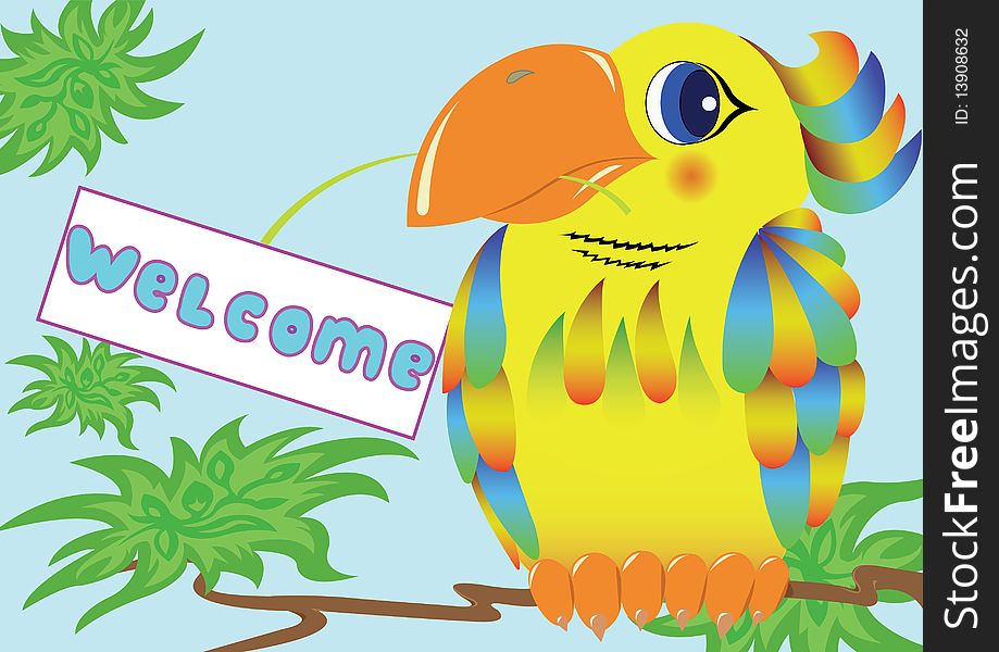 Colorful parrot holds in its beak a sign with an invitation. Colorful parrot holds in its beak a sign with an invitation