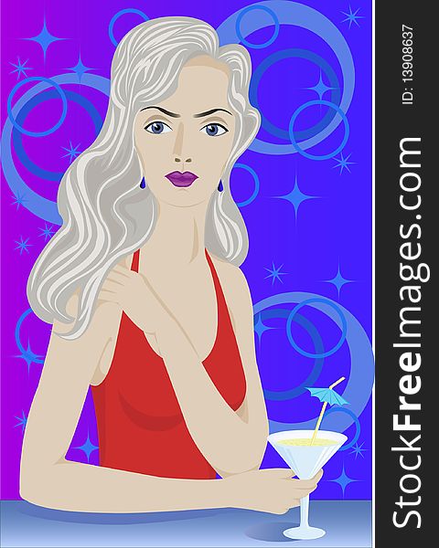 Beautiful girl with a glass of martini on an abstract blue background. Beautiful girl with a glass of martini on an abstract blue background