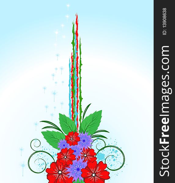 A bouquet of field flowers (poppies and cornflowers) on a combination of background. A bouquet of field flowers (poppies and cornflowers) on a combination of background