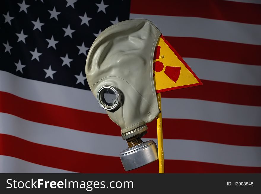 Concept.Nuclear security .Radiation simbol and US Flag