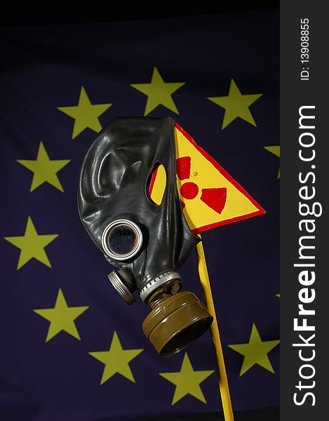 Concept.Nuclear security .Radiation simbol with gas mask and EU Flag