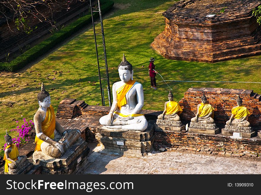 Buddha statues at the temple of Wat Yai Chai Mongkol in Ayutthaya near Bangkok, Thailand. Buddha statues at the temple of Wat Yai Chai Mongkol in Ayutthaya near Bangkok, Thailand