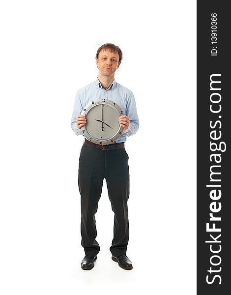 The businessman with clock isolated on a white background