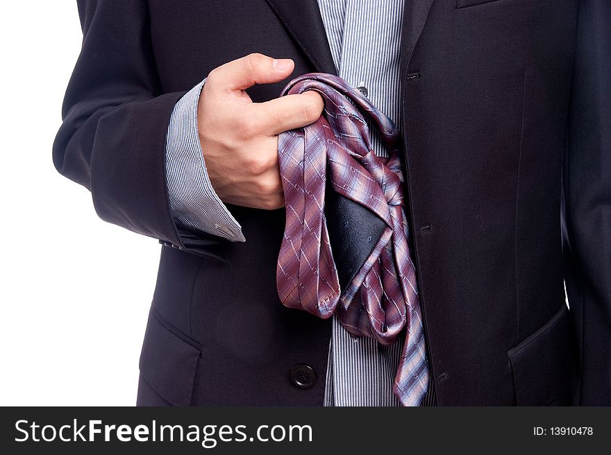 Lousy business wearing, hand holding red tie. Lousy business wearing, hand holding red tie