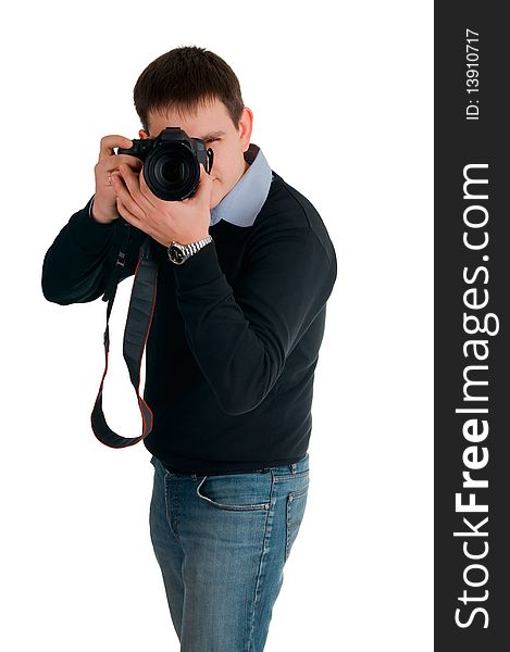 The man photographs, on white background. The man photographs, on white background