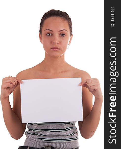 Portrait of beautiful woman with a white list of paper on white background