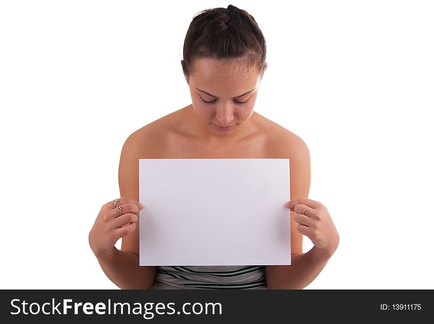 Portrait of beautiful woman with a white list of paper on white background