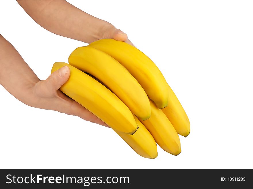 Bunch of bananas in the hands isolated on white