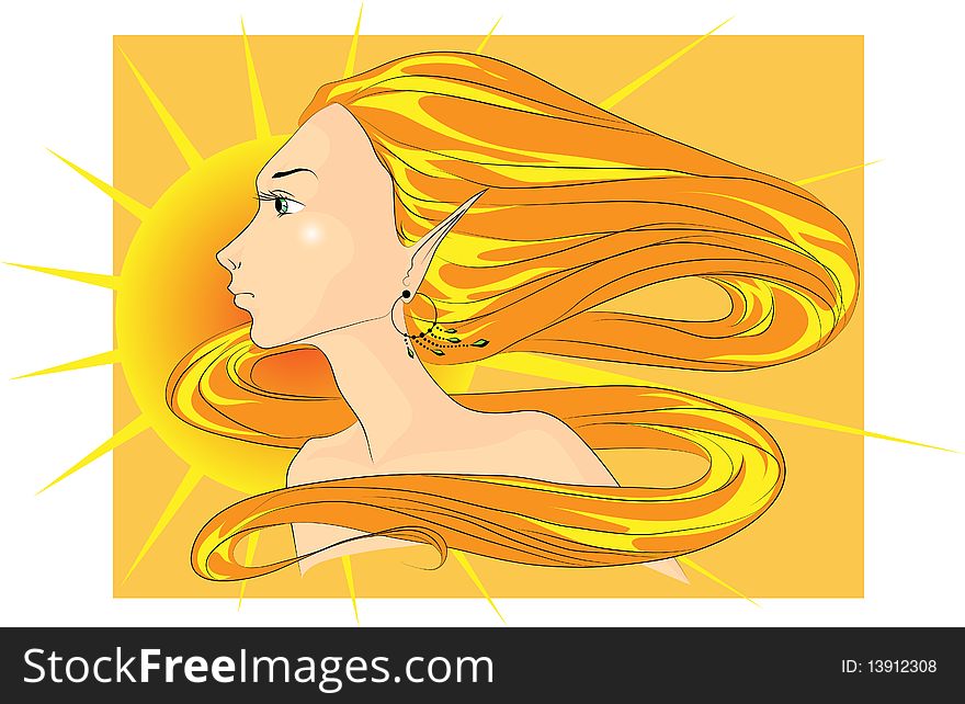 Spring is represented as a face of a young woman with long orange hair with sun on the background.