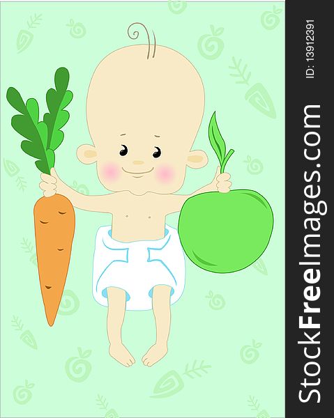 Baby in nappy holds the apple and carrot. Baby in nappy holds the apple and carrot