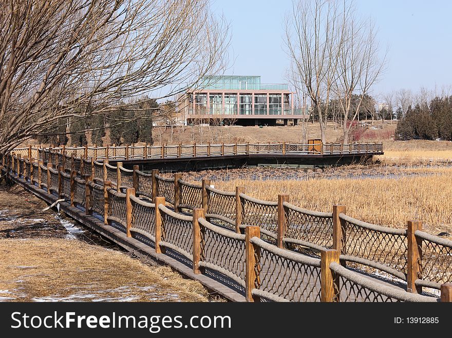 It is the bridge corridor in the marsh of Beijing Olympic Forest Park in China.