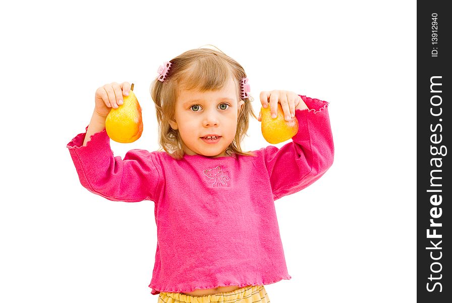 The girl has control over pears, a white background