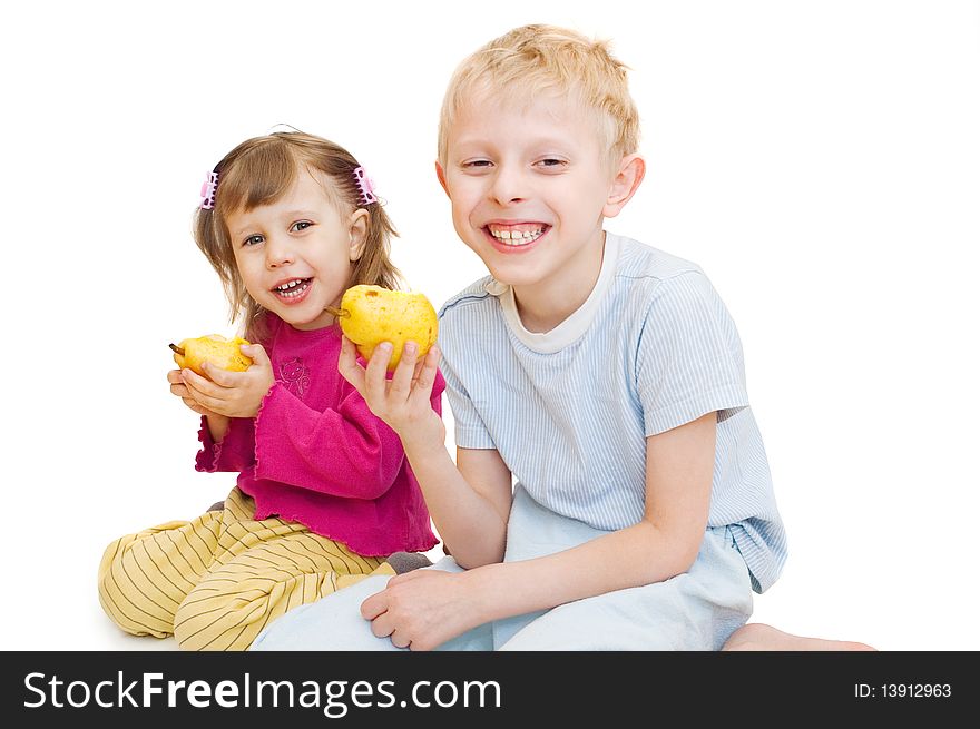 Children eat pears, a white background