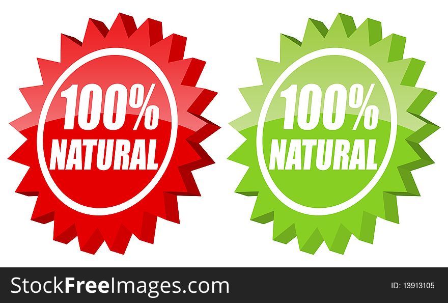 Red and green stickers of 100 % Natural, a  illustration.