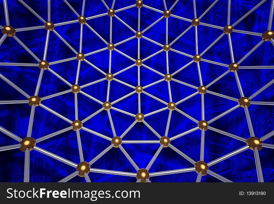 Abstract 3d shape with gold balls on a dark blue background. Abstract 3d shape with gold balls on a dark blue background