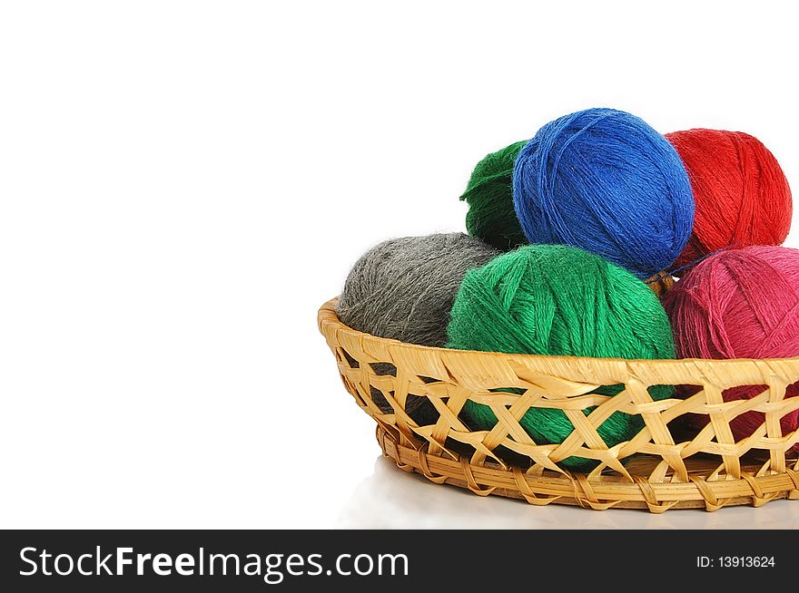 Woollen balls in a basket isolated on a white background