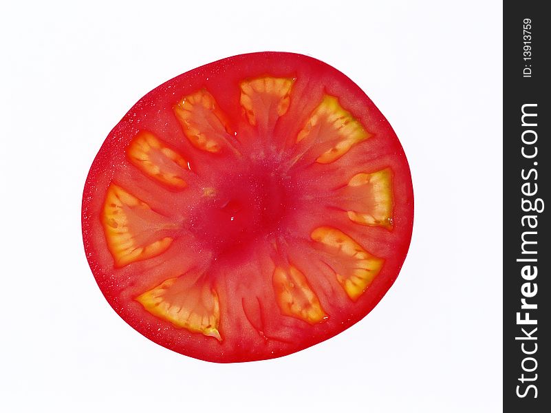 Thin round slice of tomato on a white background