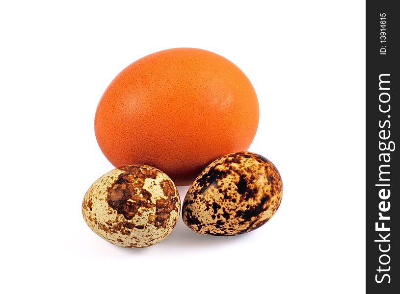 Quail and hen's eggs. Isolated on white background with light shadow. Quail and hen's eggs. Isolated on white background with light shadow.