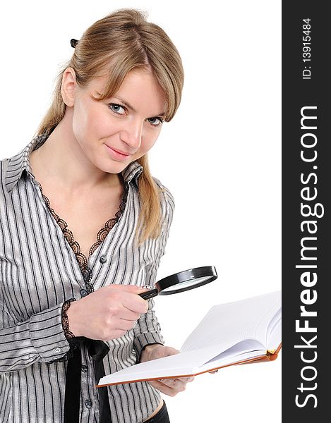 Businesswoman looking papers with magnifying glass on a white background. Businesswoman looking papers with magnifying glass on a white background