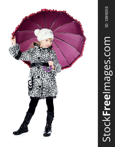 Portrait of a cute girl in a coat holding her umbrella. Isolated over white background. Portrait of a cute girl in a coat holding her umbrella. Isolated over white background.