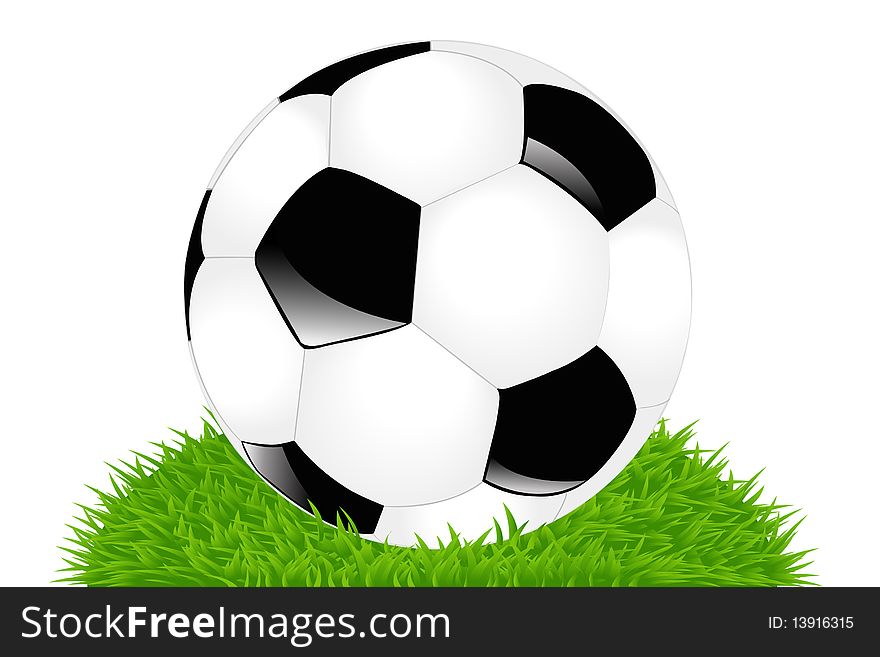 Classic Soccer Ball On Green Lawn, Isolated On White. Classic Soccer Ball On Green Lawn, Isolated On White