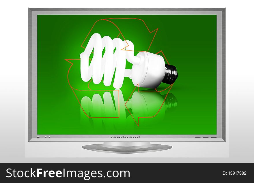 Low energy bulb with recycle symbol on top showing on a television screen in vector format. Low energy bulb with recycle symbol on top showing on a television screen in vector format