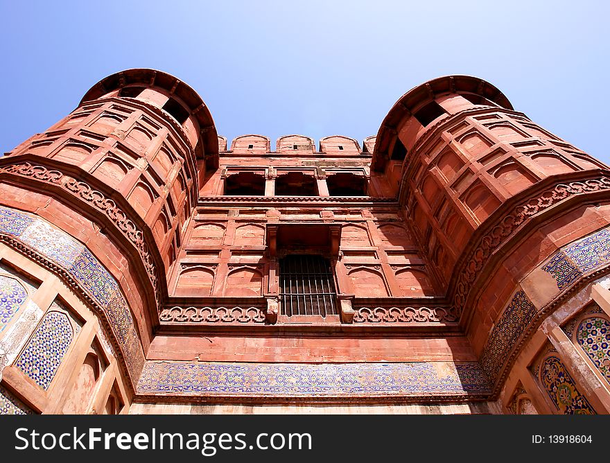 Outside Architecture of the Red Fort in Agra, India