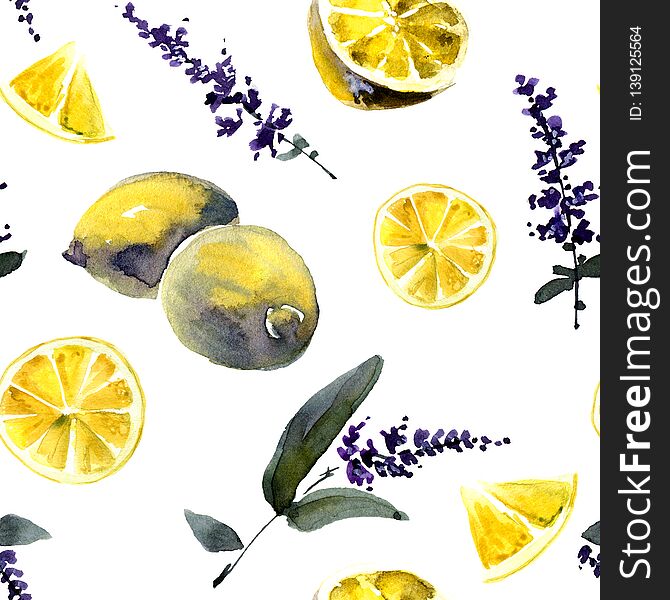 Lavender and lemon, watercolor illustrations on a white background, seamless pattern. Lavender and lemon, watercolor illustrations on a white background, seamless pattern