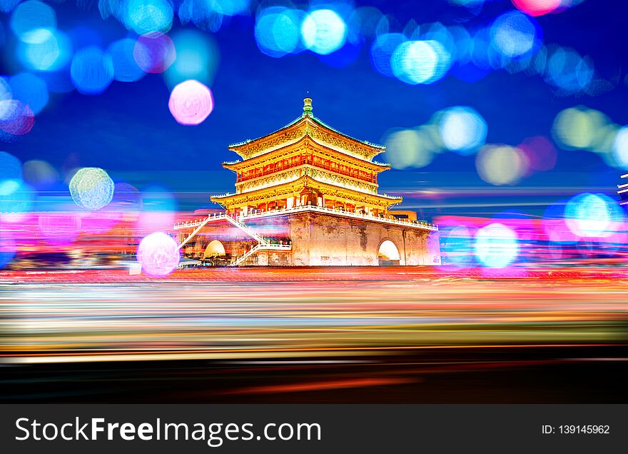 Xi`an , the starting point of the ancient silk road, beautiful bell tower at night, China. Xi`an , the starting point of the ancient silk road, beautiful bell tower at night, China