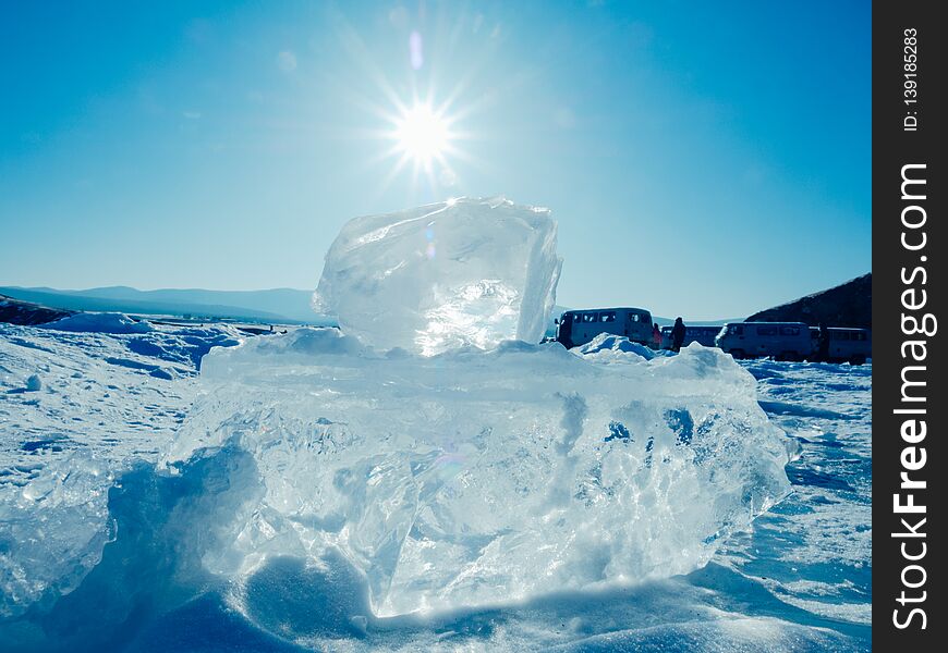Blocks of ice gleaming in the sun. Arctic winter background. ice texture Lake Baikal, winter Russia