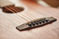Sound Adjusting. Close Up Detailed Photo Of Guitar Strings And Sound Hole. Royalty Free Stock Images