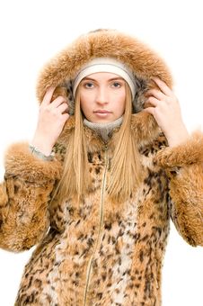 The Girl In A Fur Coat Isolated Over White Royalty Free Stock Photography The Girl In A Fur Coat Isolated Over White Royalty Free Stock Photography