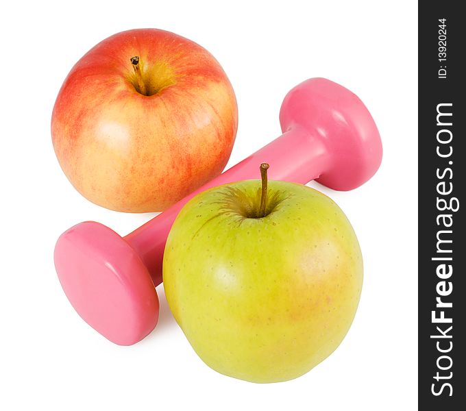 Pink dumbbells and two apples on a white background in percent shape. Pink dumbbells and two apples on a white background in percent shape