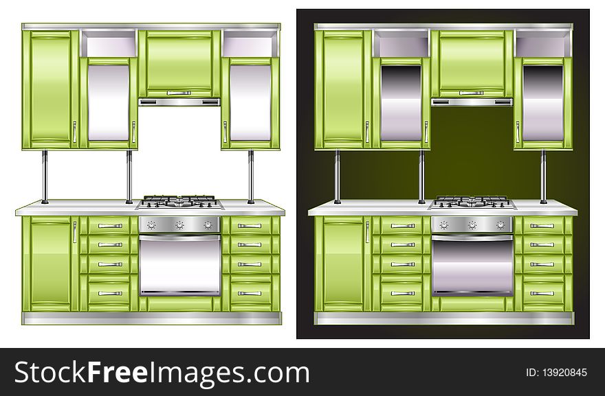 Modern kitchen interior in green color, illustration. Modern kitchen interior in green color, illustration