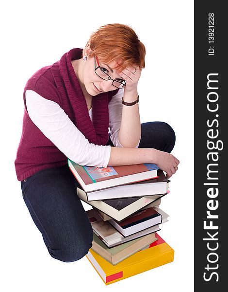 Female With Books In Stack