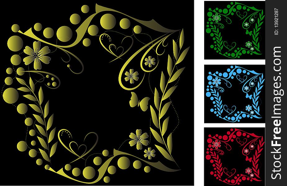 Collection of frames with floral pattern on a black background. Collection of frames with floral pattern on a black background