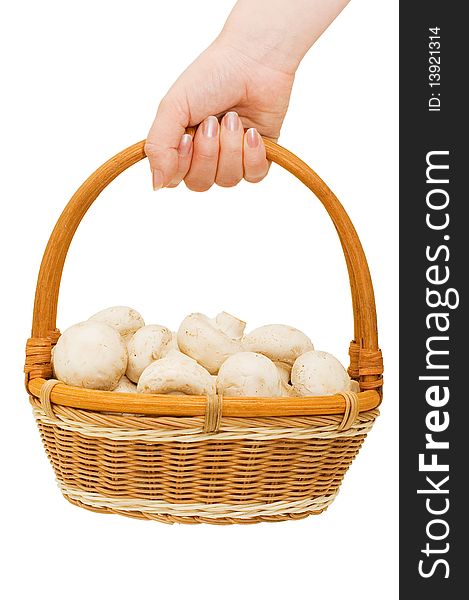 Basket with field mushrooms in a hand isolated over white