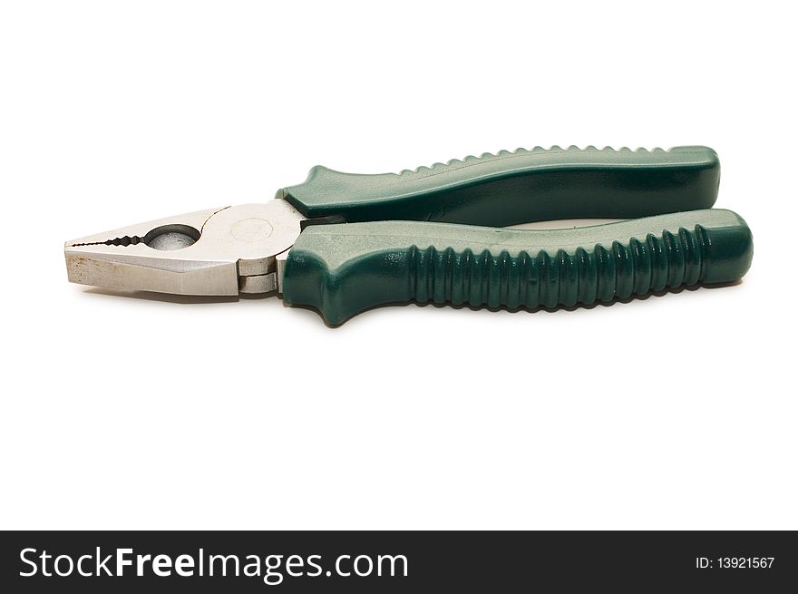 The green pliers isolated on white background. The green pliers isolated on white background