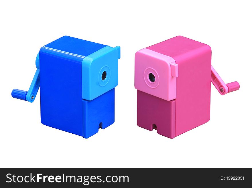 Pencil machine, square, pink, blue 2 color, students and office use, daily use for a pencil sharpener, and a cartoon logo.