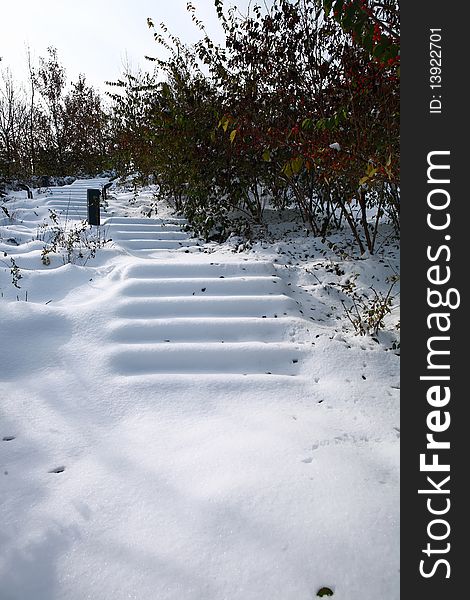 Path and Stone steps covered with snow