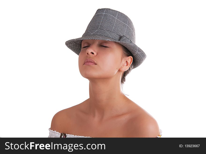 Close up portrait of a beautiful woman with hat, on a white background with copy space.