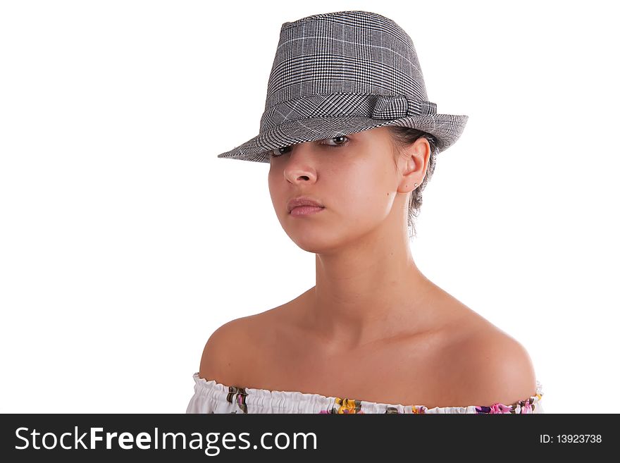 Close up portrait of a beautiful woman with hat, on a white background with copy space.